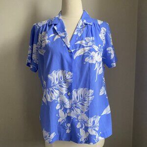 Vintage Hilo Hattie's blue Hawaiian blouse with flowers and palm leaf print